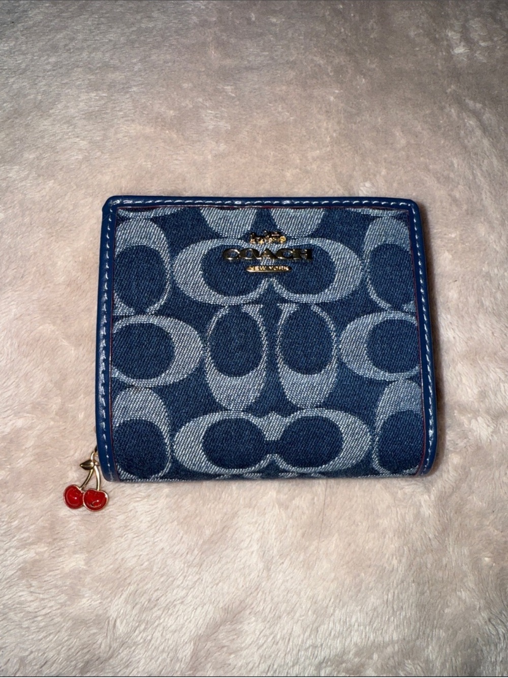 Coach Blue Signature Canvas Compact Wallet with Cherry Charm - Picture 1 of 3